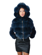 Giacca in pelliccia di volpe blu bomber 42 pelle orizzontale a V cappuccio manica tre quarti chiusura zip