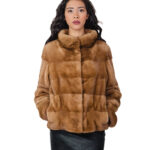 Nerzpelzjacke, Größe 44, hellgoldblond, lange Ärmel, horizontaler Stehkragen, Kordelzug in der Taille
