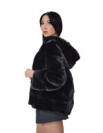 Giacca in pelliccia di visone 42 nero black manica lunga orizzontale cappuccio coulisse vita - immagine 3
