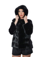 Giacca in pelliccia di visone 42 nero black manica lunga orizzontale cappuccio coulisse vita