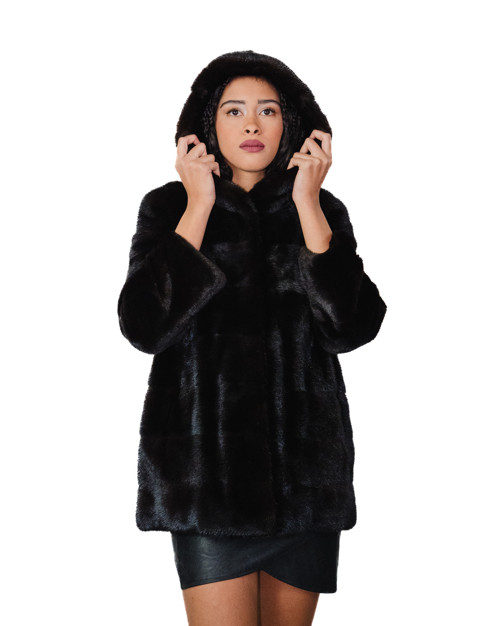 InModa Oct2025 362 Fur-trimmed mink coat 42 black horizontal long sleeve outer pockets and hook-and-eye fasteners - Image 1