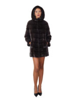 Cappotto in pelliccia di visone orizzontale 44 grigio grafite lungo 82 centimetri manica lunga tasche esterne cappuccio - immagine 4