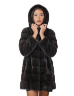 Cappotto in pelliccia di visone orizzontale 44 grigio grafite lungo 82 centimetri manica lunga tasche esterne cappuccio