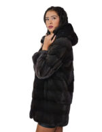 Cappotto in pelliccia di visone orizzontale 44 grigio grafite lungo 82 centimetri manica lunga tasche esterne cappuccio - immagine 3