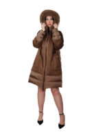 Piumino ed eco montone con pelliccia di volpe 50 testa di moro vera piuma chiusura zip cappuccio - immagine 4