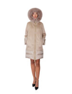 Piumino ed eco montone con pelliccia di volpe 44 tortora vera piuma chiusura zip cappuccio - immagine 4