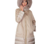 Piumino ed eco montone con pelliccia di volpe 48 tortora vera piuma chiusura zip cappuccio