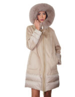 Piumino ed eco montone con pelliccia di volpe 44 tortora vera piuma chiusura zip cappuccio