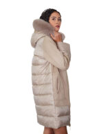 Piumino ed eco montone con pelliccia di volpe 44 tortora vera piuma chiusura zip cappuccio - immagine 2