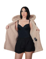 Piumino ecomontone e lana marrone 40 cappuccio chiusura zip tasche boccale polsi in elastico foderato pelo bianco montone - immagine 6