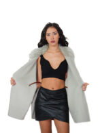 Mantella cashmere e lana con eco pelliccia ai bordi e al collo 48 verde aperta lateralmente tasche boccale cinturino pelle - immagine 6