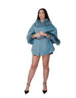Mantella cashmere e lana con eco pelliccia ai bordi e al collo 46 celeste aperta lateralmente tasche boccale cinturino pelle - immagine 4