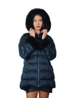 Piumino colore blu 50 eco pelliccia cappuccio e polsi tasche chiusura zip colletto alto manica lunga