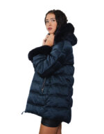 Piumino colore blu 50 eco pelliccia cappuccio e polsi tasche chiusura zip colletto alto manica lunga - immagine 3