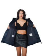 Piumino colore blu 50 eco pelliccia cappuccio e polsi tasche chiusura zip colletto alto manica lunga - immagine 6
