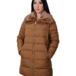 Piumino con vera pelliccia di lapin marrone 44 imbottito con chiusura zip tasche esterne tasca interna zip 84 centimetri