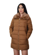 Piumino con vera pelliccia di lapin marrone 46 imbottito con chiusura zip tasche esterne tasca interna zip 84 centimetri