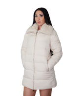 Piumino con vera pelliccia di lapin beige 44 imbottito con chiusura zip tasche esterne tasca interna zip 84 centimetri