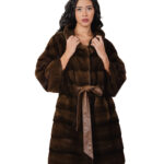 Cappotto pelliccia lunga scampanato 96 cm cappuccio scanbrown marrone pelliccia 56 visone orizzontale cintura in pelle interna