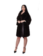 Cappotto pelliccia lunga scampanato 96 cm cappuccio mogano marrone pelliccia 54 visone orizzontale cintura in pelle interna - immagine 4