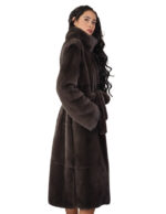 Cappotto pelle intera visone pelliccia 56 coffee marrone cintura in pelliccia esterna cappotto lungo 122 centimetri con spacchi - immagine 2