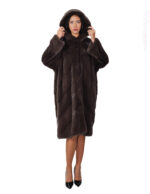 Mink fur coat 112cm long 52 coffee brown worked horizontal V-neck hood - Image 4