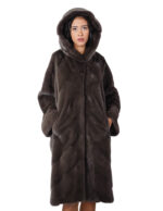 Mink fur coat 112cm long 52 coffee brown worked horizontal V-neck hood
