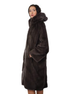 Mink fur coat 112cm long 52 coffee brown worked horizontal V-neck hood - Image 2