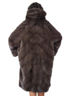 Mink fur coat 112cm long 52 coffee brown worked horizontal V-neck hood - Image 5