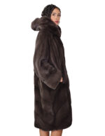 Mink fur coat 112cm long 52 coffee brown worked horizontal V-neck hood - Image 3