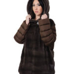 50 coffee brown mink fur and down coat with detachable zipped sleeves and buttoned hood at the neck