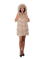 Gilet lungo in pelliccia di volpe argentata beige ecru 46 con cappuccio zip e pelle scamosciata 86 centimetri - immagine 4
