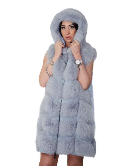 Long vest in silver fox fur sky blue 42 with zip hood and suede leather 86 cm