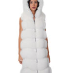 Gilet lungo 112 cm pelliccia di volpe argentata bianco shadow 54 con cappuccio zip e pelle scamosciata