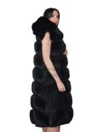 Gilet lungo 112 cm pelliccia di volpe argentata black nero 56 con cappuccio zip e pelle scamosciata - immagine 3