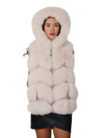 Kurze Weste mit rosa Fuchspelz und Daunenjacke, Größe 44, V-Ausschnitt, Reißverschluss, Außentaschen, pelzgefütterte Kapuze