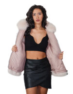 Kurze Weste mit rosa Fuchspelz und Daunenjacke, Größe 44, V-Ausschnitt, Reißverschluss, Außentaschen, pelzgefütterte Kapuze – Bild 6
