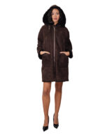Cappotto fuori pelle dentro pelliccia montone 44 testa di moro marrone chiusura zip tasche boccale cappuccio staccabile - immagine 4