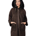 Cappotto fuori pelle dentro pelliccia montone 48 testa di moro marrone chiusura zip tasche boccale cappuccio staccabile