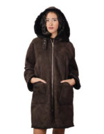Cappotto fuori pelle dentro pelliccia montone 44 testa di moro marrone chiusura zip tasche boccale cappuccio staccabile