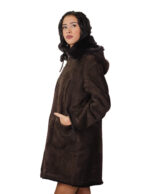 Cappotto fuori pelle dentro pelliccia montone 44 testa di moro marrone chiusura zip tasche boccale cappuccio staccabile - immagine 3