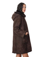 Cappotto fuori pelle dentro pelliccia montone 44 testa di moro marrone chiusura zip tasche boccale cappuccio staccabile - immagine 2