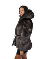 Fuchs Pelz Jacke V-gearbeitet 44 Silber Groellandia Kapuze Außengürtel Leder – Bild 3