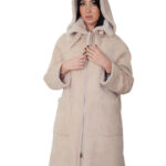 Cappotto fuori pelle dentro pelliccia montone 42 beige deniminato alba chiusura zip tasche boccale cappuccio staccabile