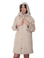 Cappotto fuori pelle dentro pelliccia montone 42 beige deniminato alba chiusura zip tasche boccale cappuccio staccabile