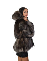 Fuchs Pelz Jacke V-gearbeitet 44 Silber Groellandia Kapuze Außengürtel Leder – Bild 2