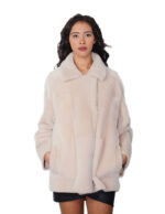 Cappotto 76 cm montone dentro pelo e fuori pelle scamosciata 42 beige alba chiusura bottoni clip reversibile tasche esterne - immagine 6