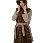 Cappotto in cashmere e pelliccia di visone 44 demi e beige con cintura e cappuccio tasche esterne