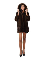 Cappotto cappuccio pelliccia visone 50 verticale e orizzontale demi marrone manica lunga tasche esterne - immagine 4