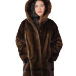 Cappotto cappuccio pelliccia visone 50 verticale e orizzontale demi marrone manica lunga tasche esterne